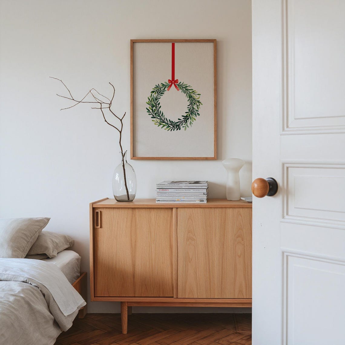 Minimalist Green Foliage Wreath With Red Ribbon Christmas Poster - Image 6
