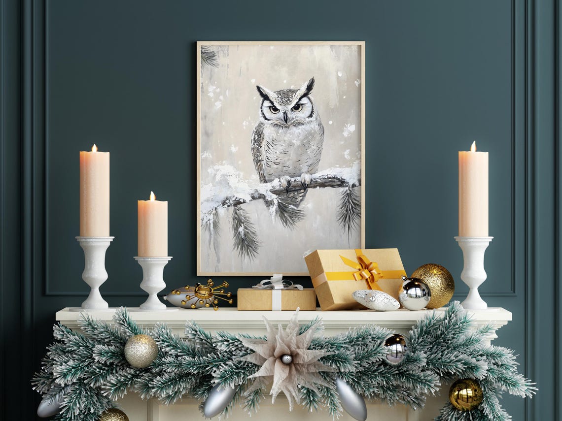 Great Horned Owl Snowy Pine Branch Winter Bird Portrait Poster - Image 7