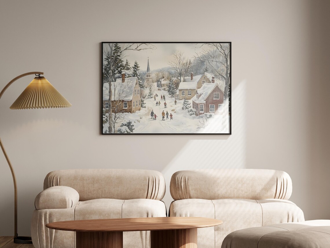 Snowy Village Street With Church And Houses Winter Watercolor Poster - Image 4
