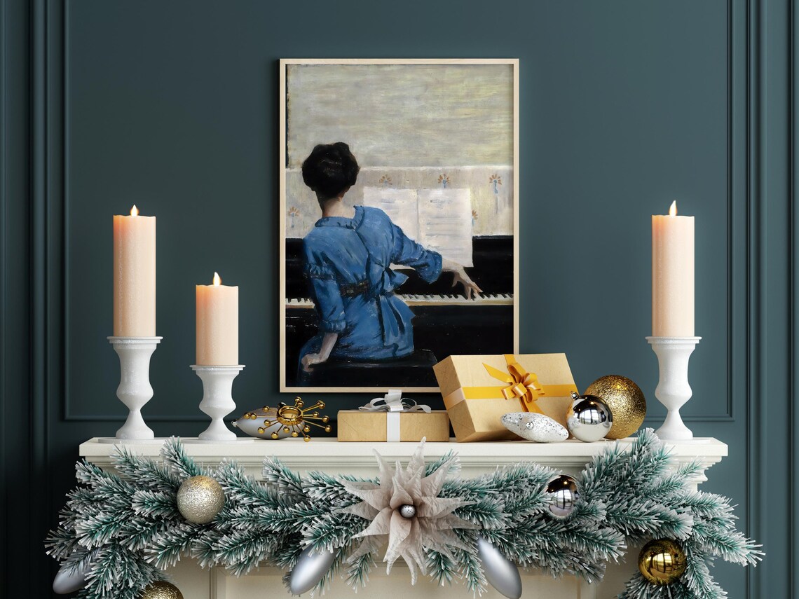 Woman Playing Piano Blue Dress Vintage Music Room Art Poster - Image 3