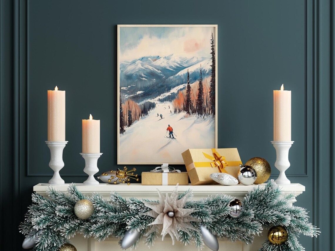 Vintage Ski Slope Mountain Winter Skiers Landscape Art Poster - Image 6