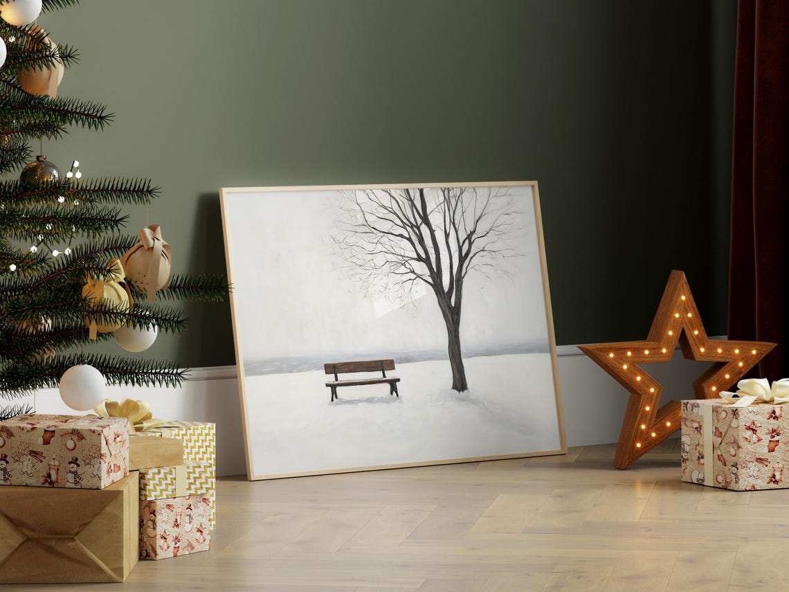 Snowy Park Bench Bare Tree Minimalist Winter Landscape Poster - Image 5