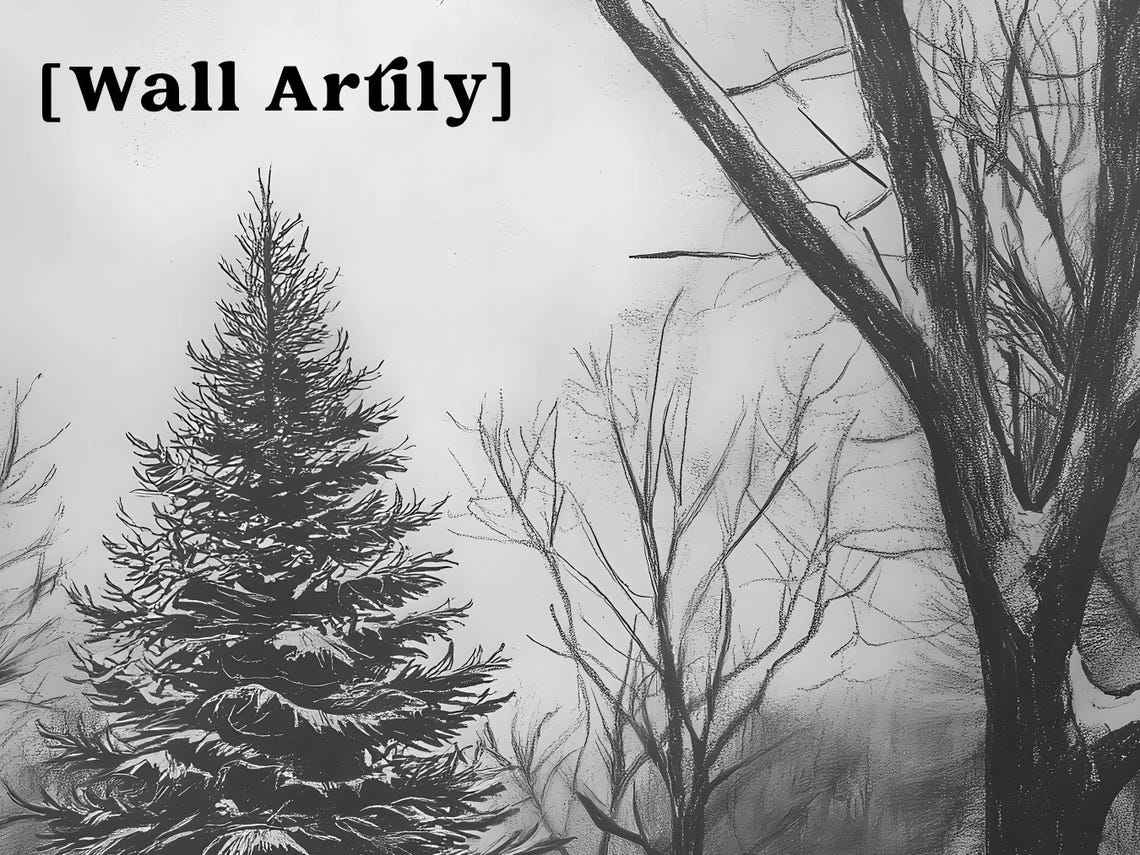 Monochrome Pencil Sketch Snowy Park Christmas Tree Drawing Poster - Image 6