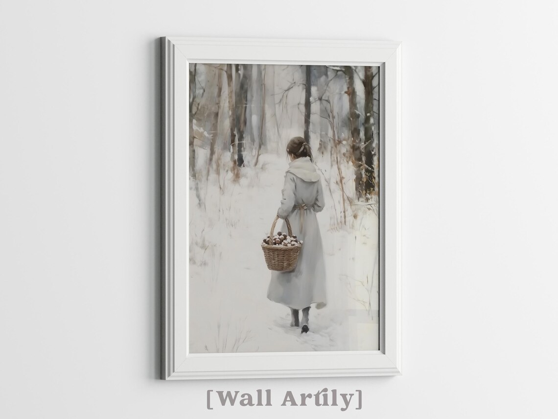Woman Carrying Basket Of Pinecones Snowy Forest Vintage Art Poster - Image 3