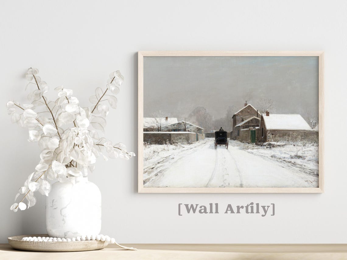 Horse Drawn Carriage On A Snowy Village Road Winter Painting Poster - Image 5