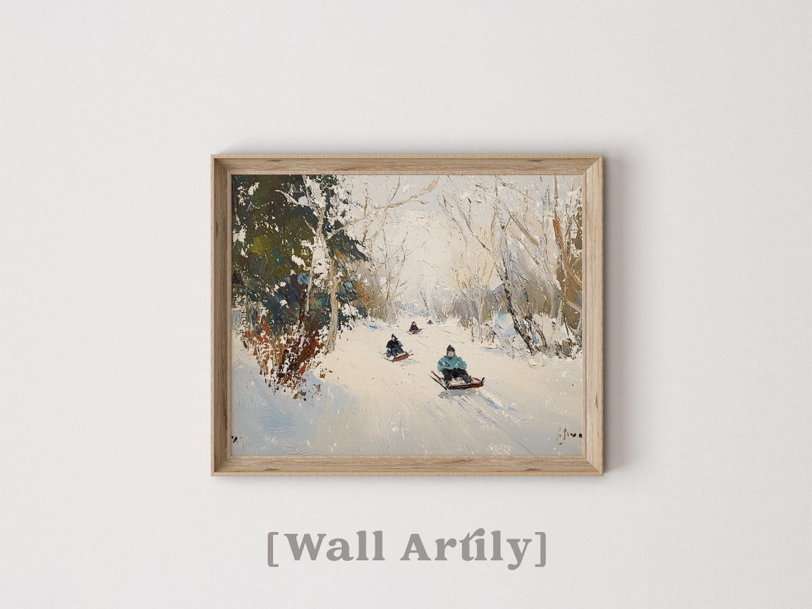 Impressionist Children Sledding Down A Snowy Hill Painting Poster - Image 7