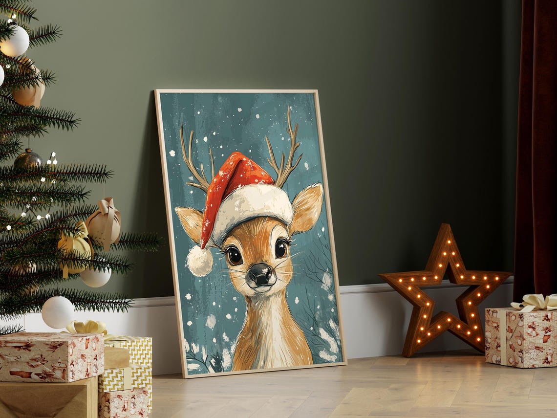 Cute Reindeer Santa Hat Christmas Snowy Woodland Animal Poster - Image 5