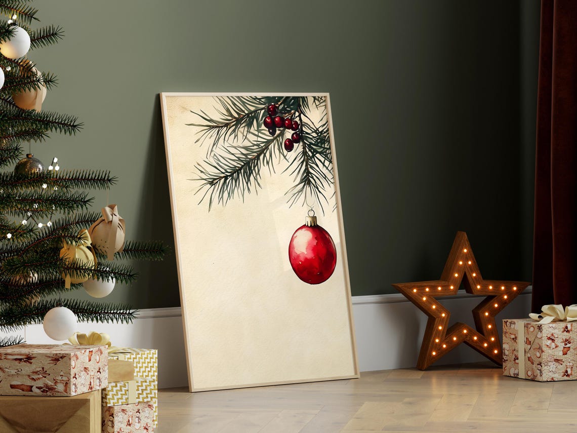 Red Christmas Ornament Hanging From Pine Branch Watercolor Poster - Image 3