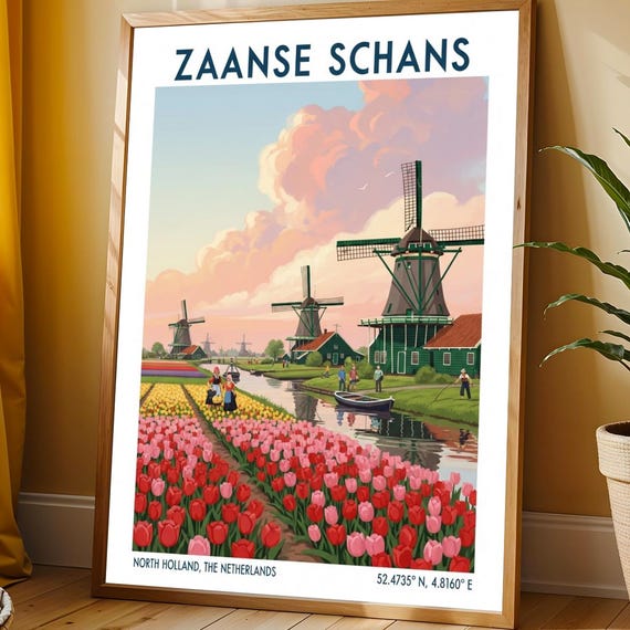 Zaanse Schans Windmills Poster Pink And Red Green Blue Yellow Art Dutch Landscape Illustration Living Room Office Decor