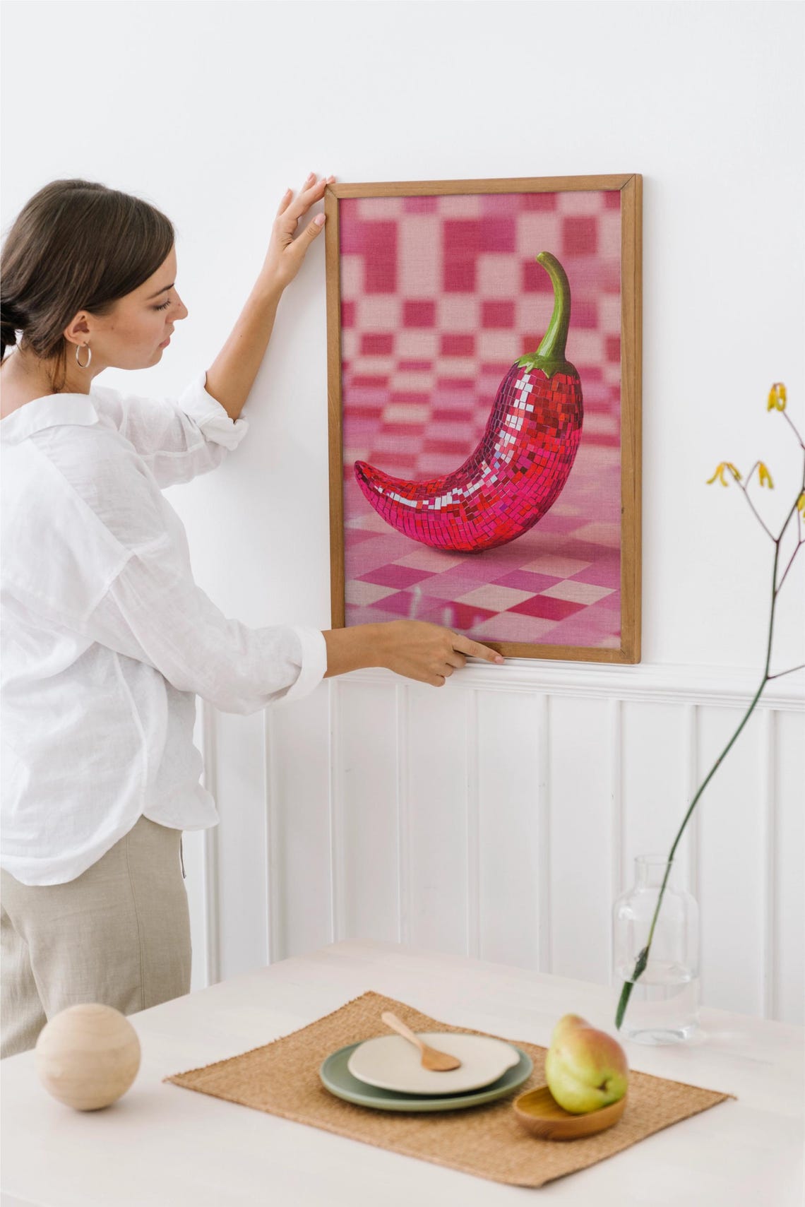 Disco Mosaic Red Chili Pepper On Pink Checkered Pop Art Poster - Image 4