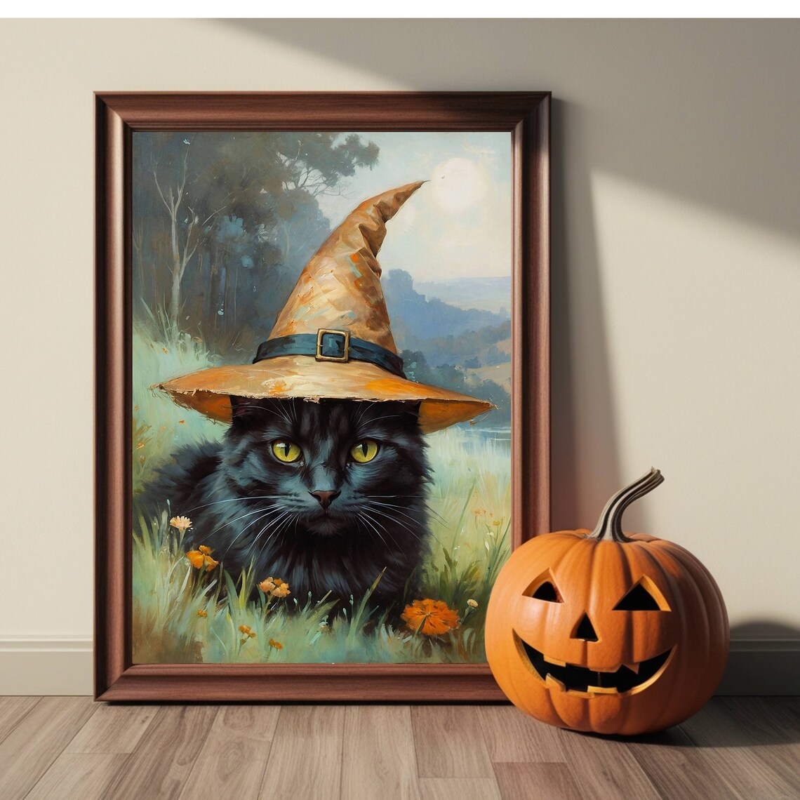 Black Cat Wearing An Orange Witch Hat In A Wildflower Meadow Poster - Image 2