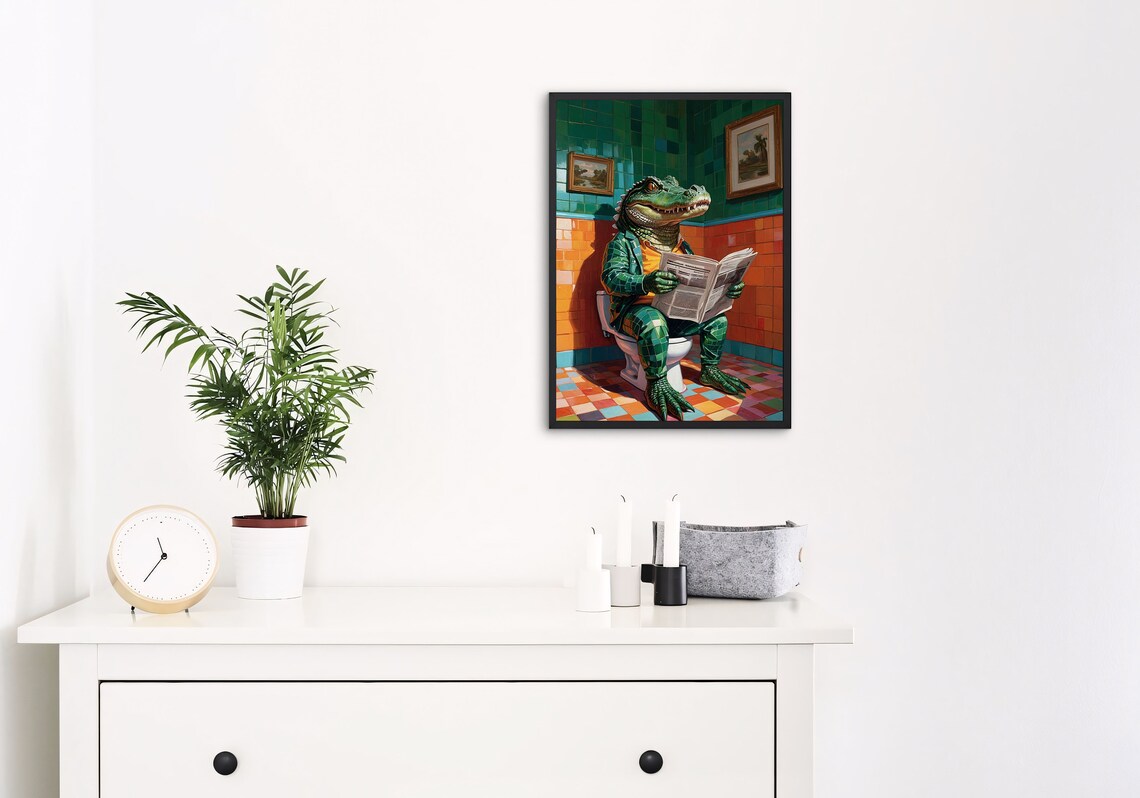 Funny Alligator On Toilet, Bathroom Wall Art Print - Image 2