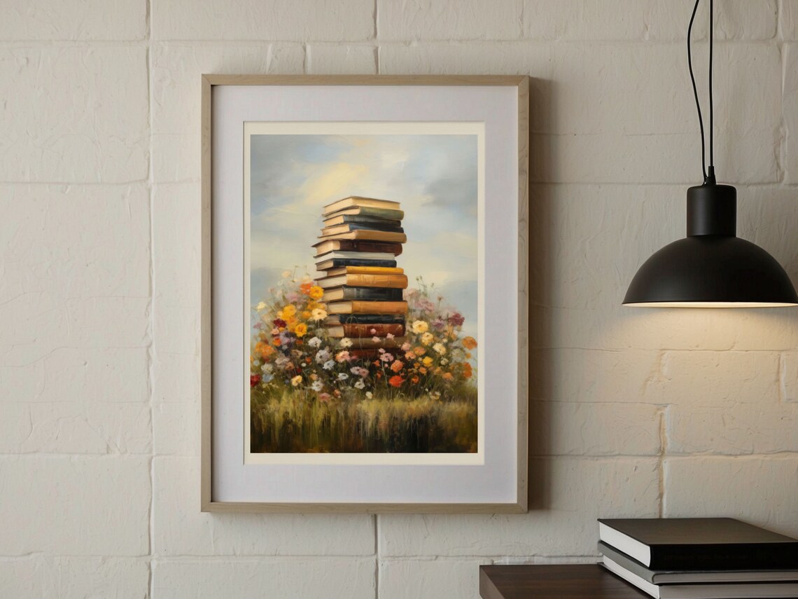 Tall Stack Of Antique Books In A Wildflower Meadow Art Poster - Image 2