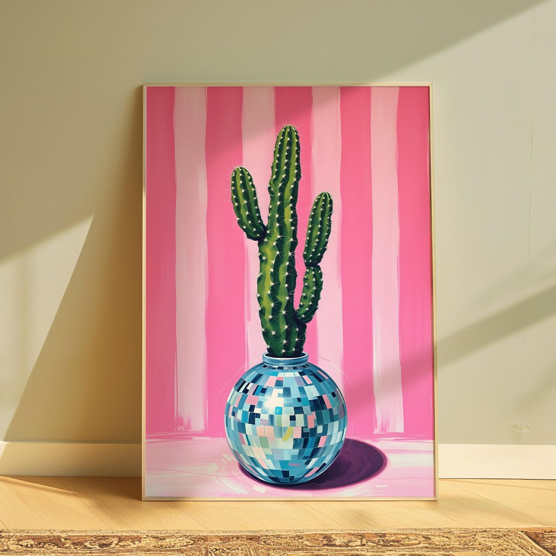 Cactus In A Disco Ball Mosaic Vase Pink Striped Retro Art Poster - Image 3