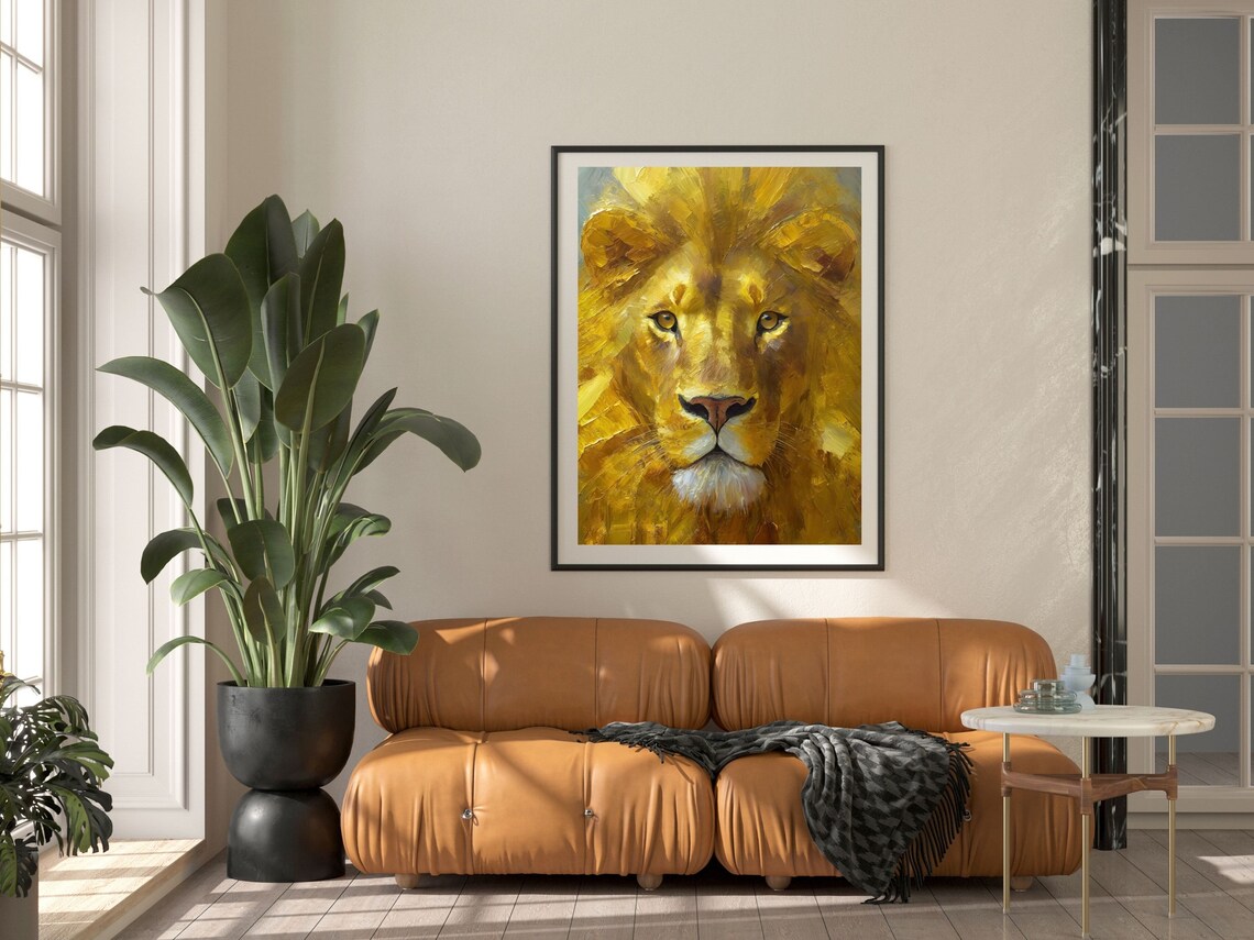 Golden Lion Face Impasto Oil Painting Vibrant Modern Wildlife Art Poster - Image 4