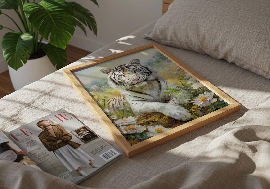 White Tiger Resting Among Flowers Majestic Wildlife Oil Painting Poster - Image 2