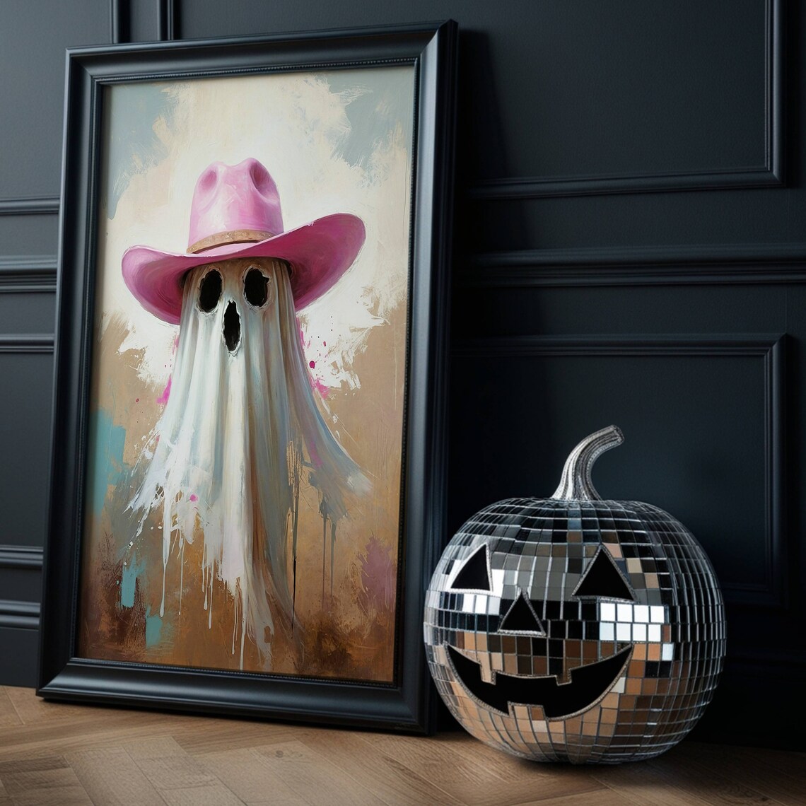 Ghost Wearing A Pink Cowboy Hat Abstract Halloween Art Poster - Image 2