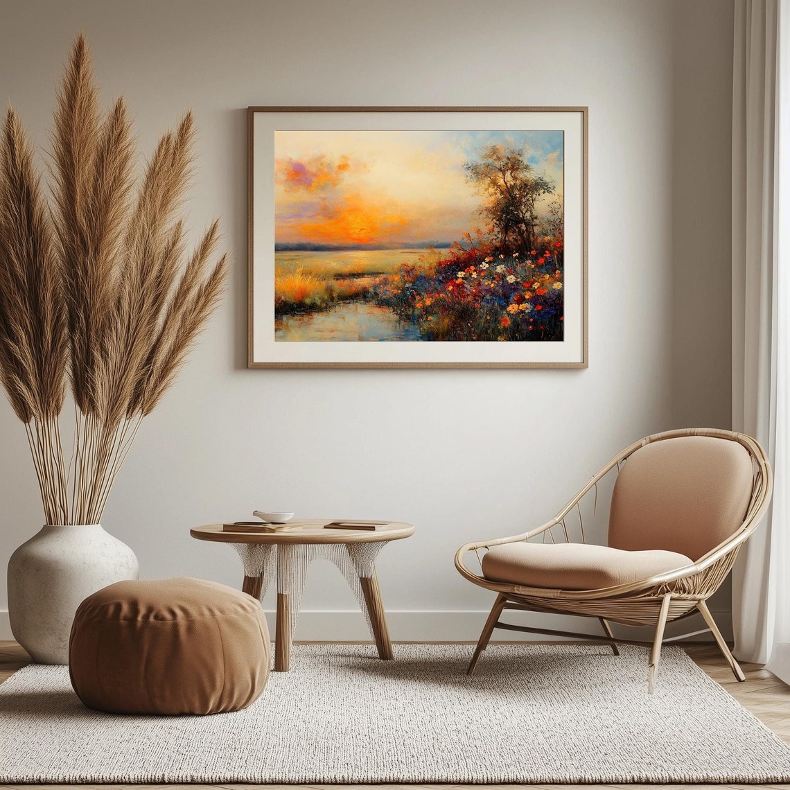 Tranquil Lakeside Sunset Wildflower Bloom Golden Reflection Poster