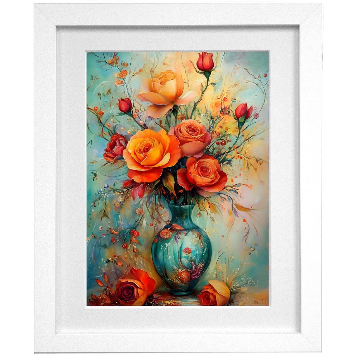 Vibrant Orange Roses Bouquet Teal Patterned Vase Still Life Wall Art