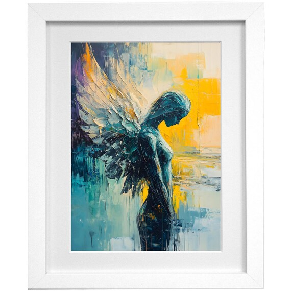 Abstract Angel Painting Wall Art In Blue And Gold Tones Peaceful And Modern Home Decor Housewarming Gift