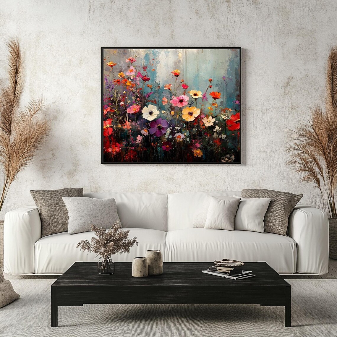 Vibrant Wildflower Garden Colorful Floral Cosmos Painting Wall Art