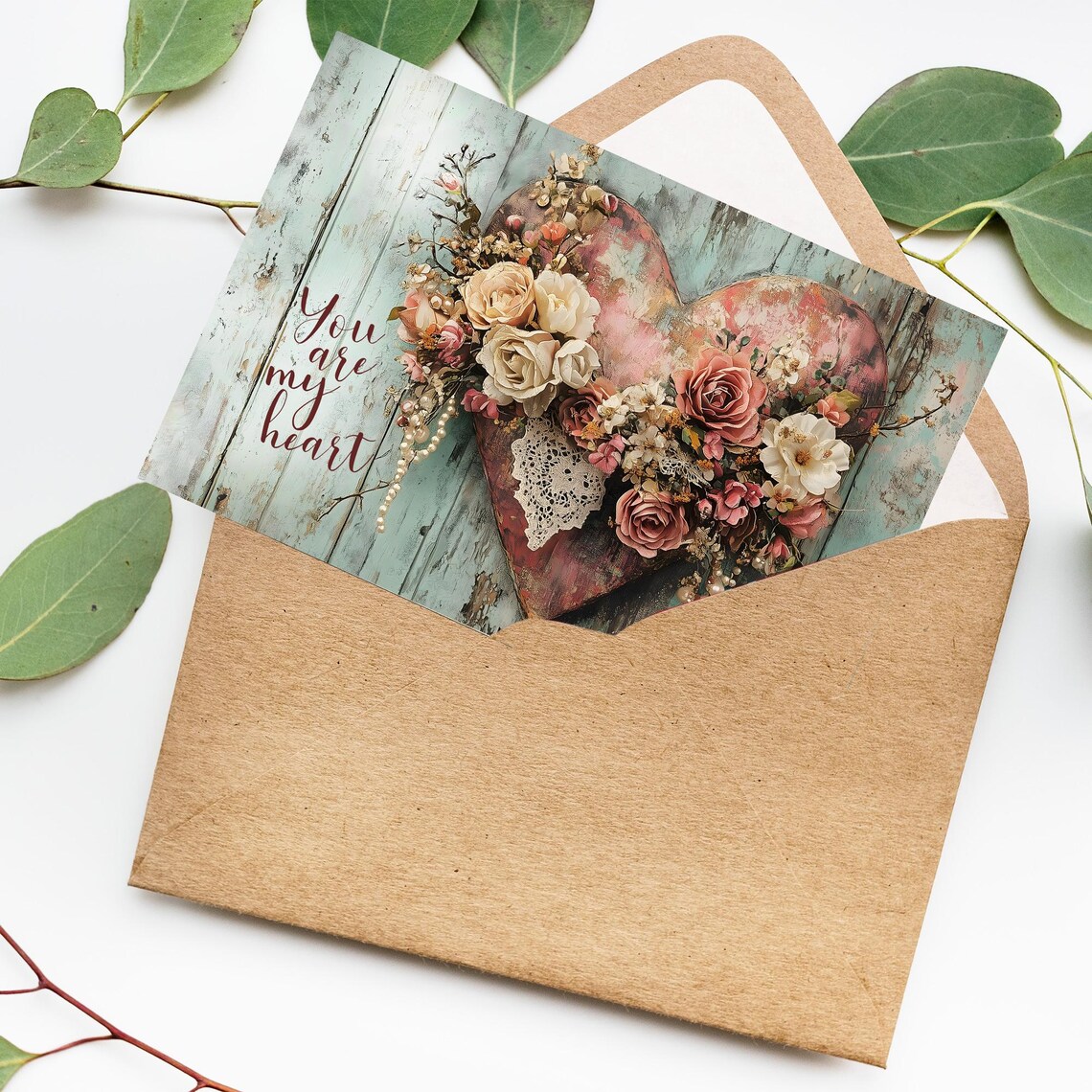 You Are My Heart Vintage Floral Heart Roses Lace Rustic Wall Art - Image 2