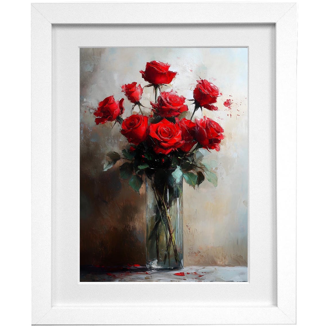 Romantic Red Roses in Glass Vase Painterly Floral Still Life Wall Art