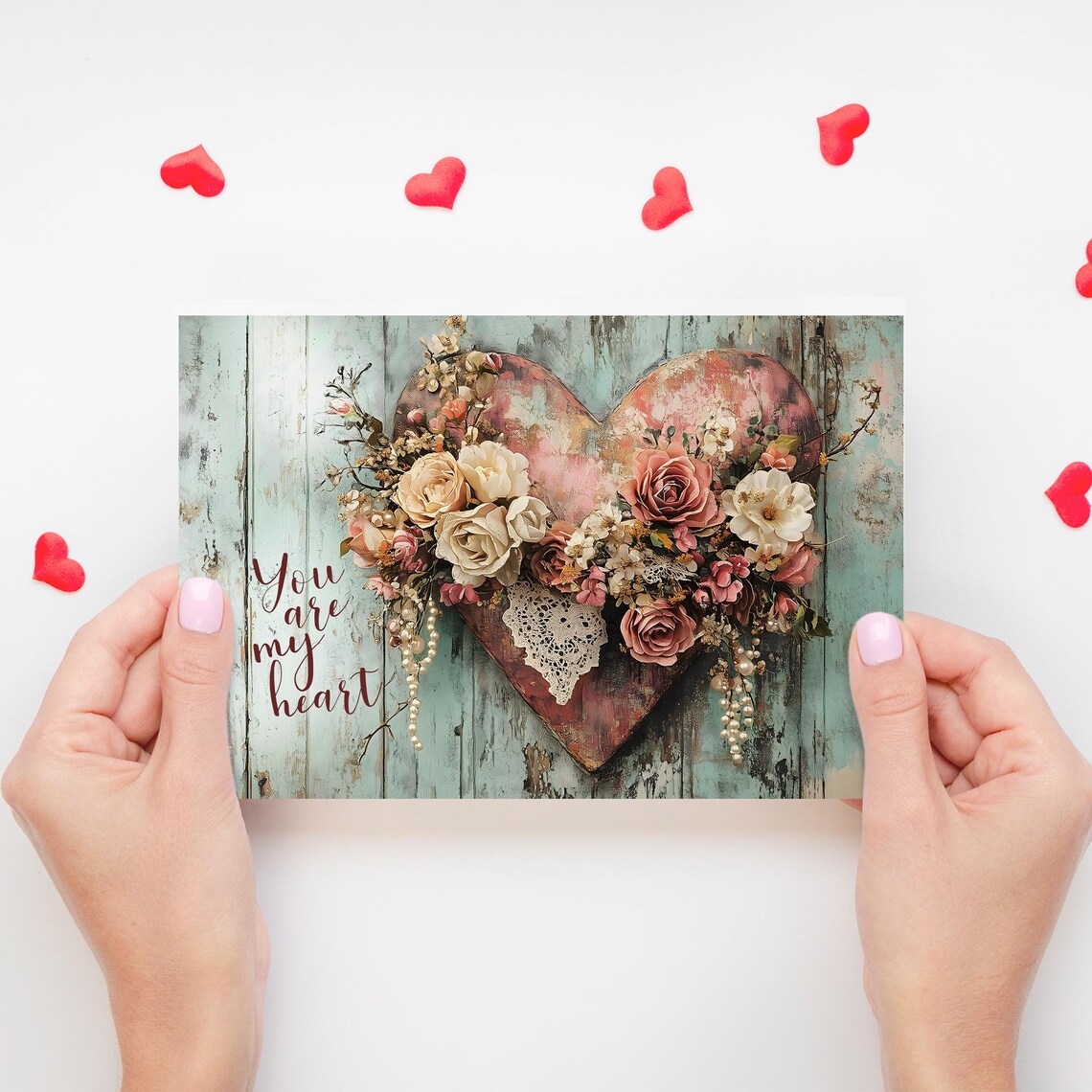 You Are My Heart Vintage Floral Heart Roses Lace Rustic Wall Art - Image 3