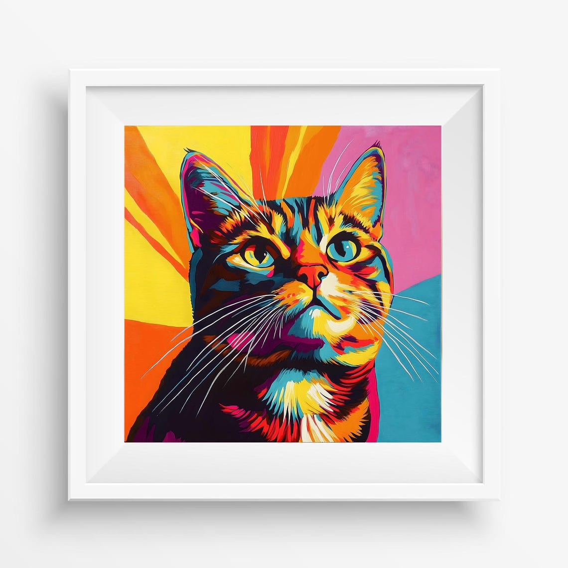 Neon Pop Art Tabby Cat Portrait Bright Yellow Orange Teal Bold Poster