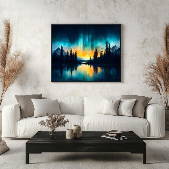 Northern Lights Wall Art Aurora Borealis Forest Scene Horizontal Landscape Painting For Home Decor