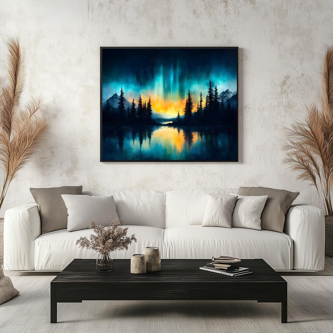 Northern Lights Wall Art Aurora Borealis Forest Scene Horizontal Landscape Painting For Home Decor