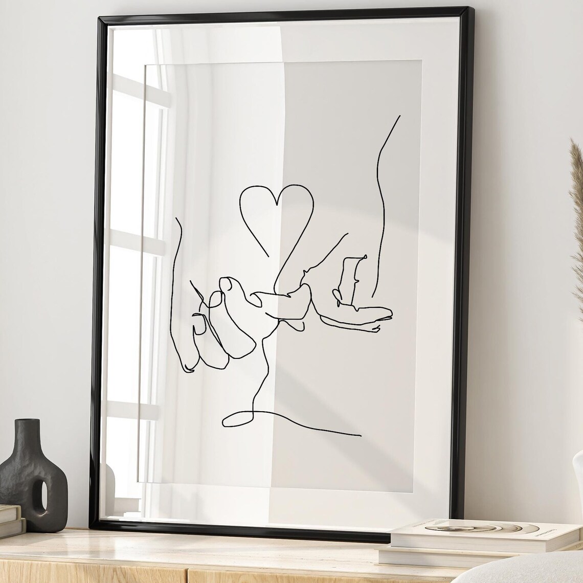 Couple Holding Hands with Drawn Heart Minimalist Line Art Poster