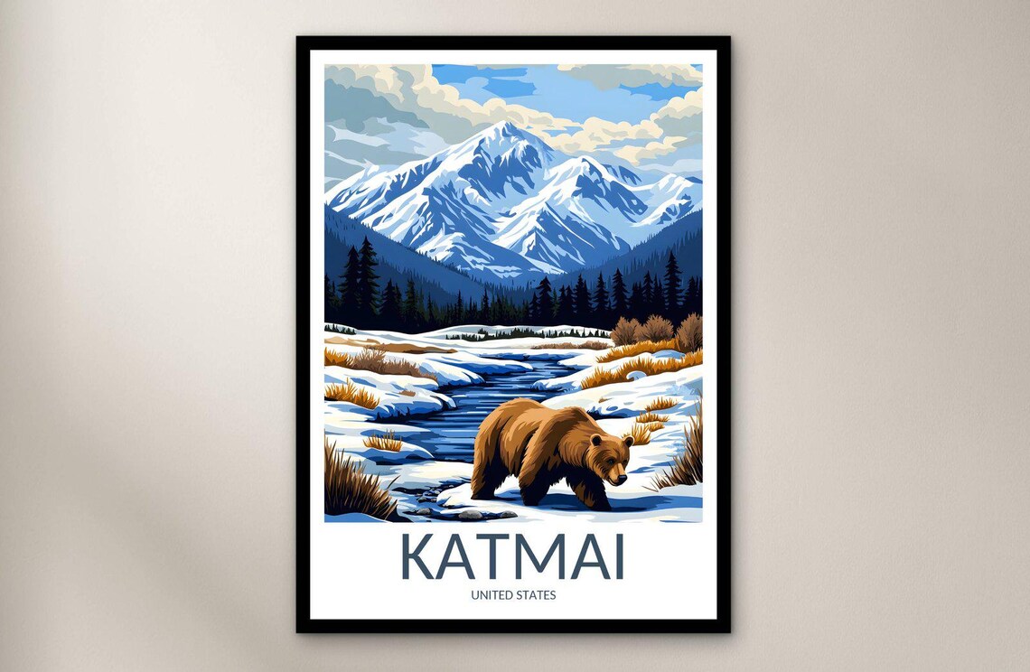 Katmai Alaska Brown Bear Snowy River Winter Wilderness Vintage Travel Poster