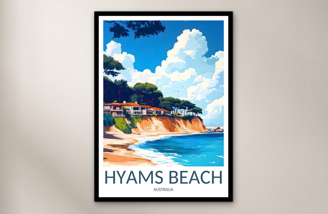 Hyams Beach Australia Seaside Cliffs and Cove Vintage Travel Poster