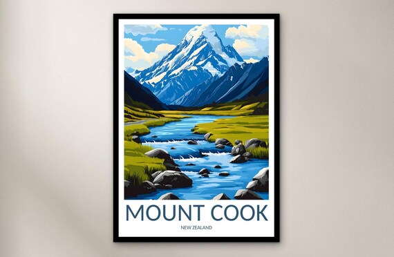 Mount Cook New Zealand Alpine Meadow Stream Scenic Travel Poster