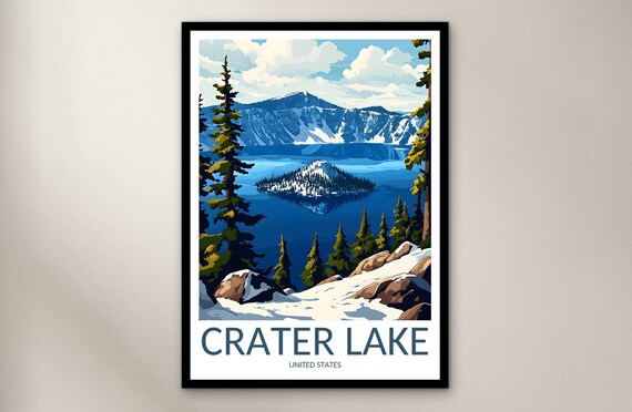 Crater Lake Oregon Snowy Rim Wizard Island Scenic Travel Poster