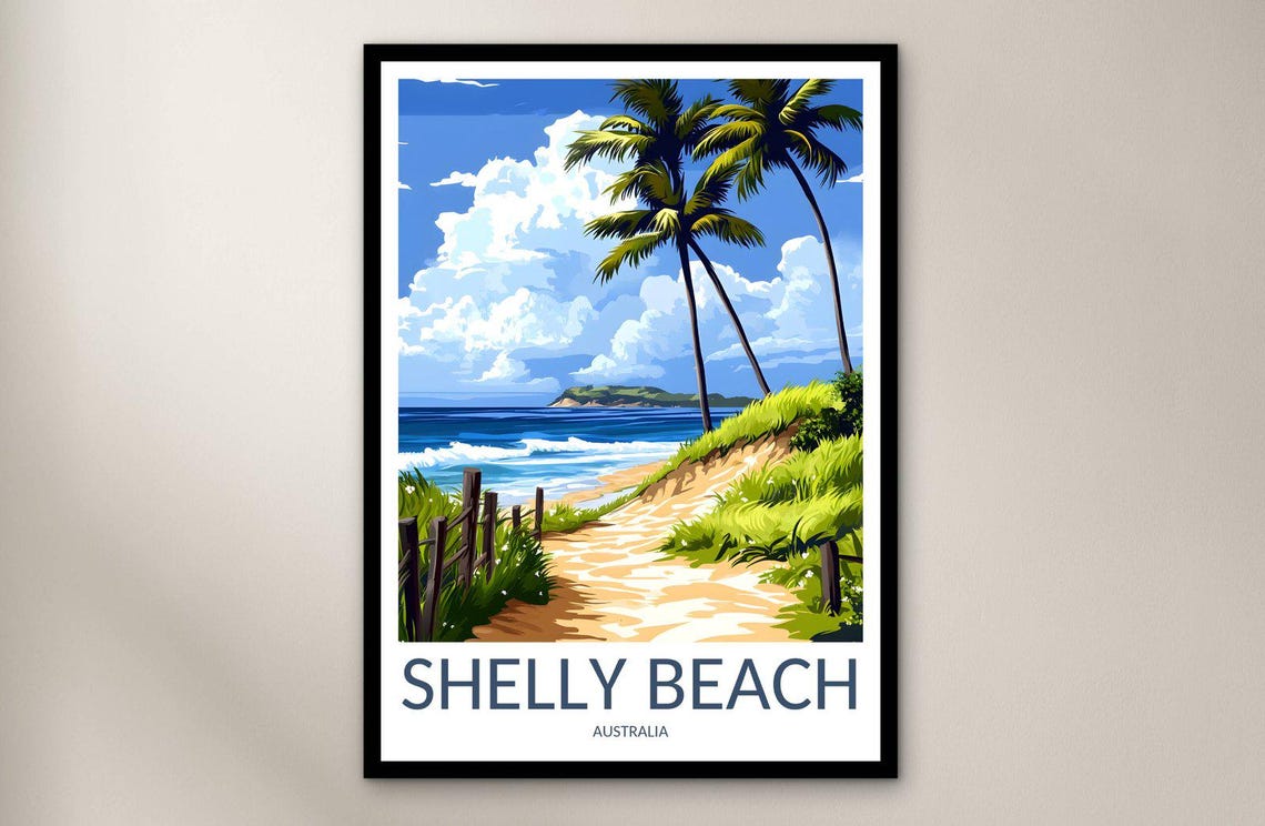 Vintage Shelly Beach Australia Palm Tree Coastal Path Travel Poster