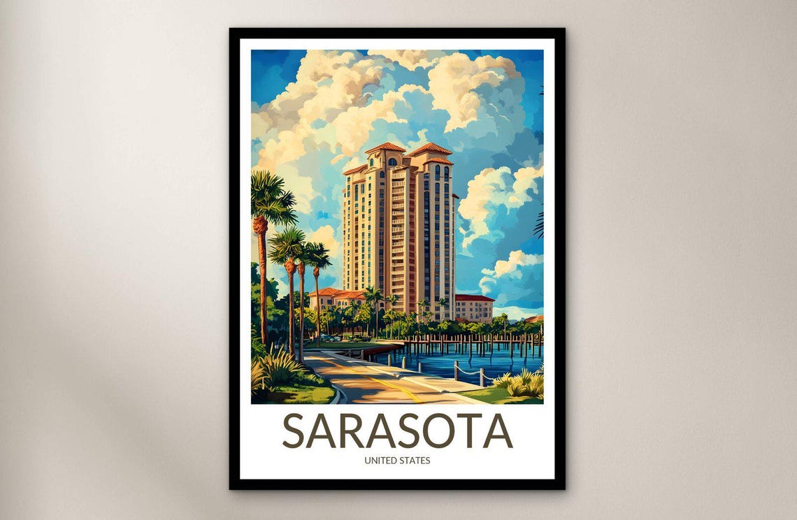Sarasota Florida Marina Waterfront Tower Palm Trees Bay City Poster