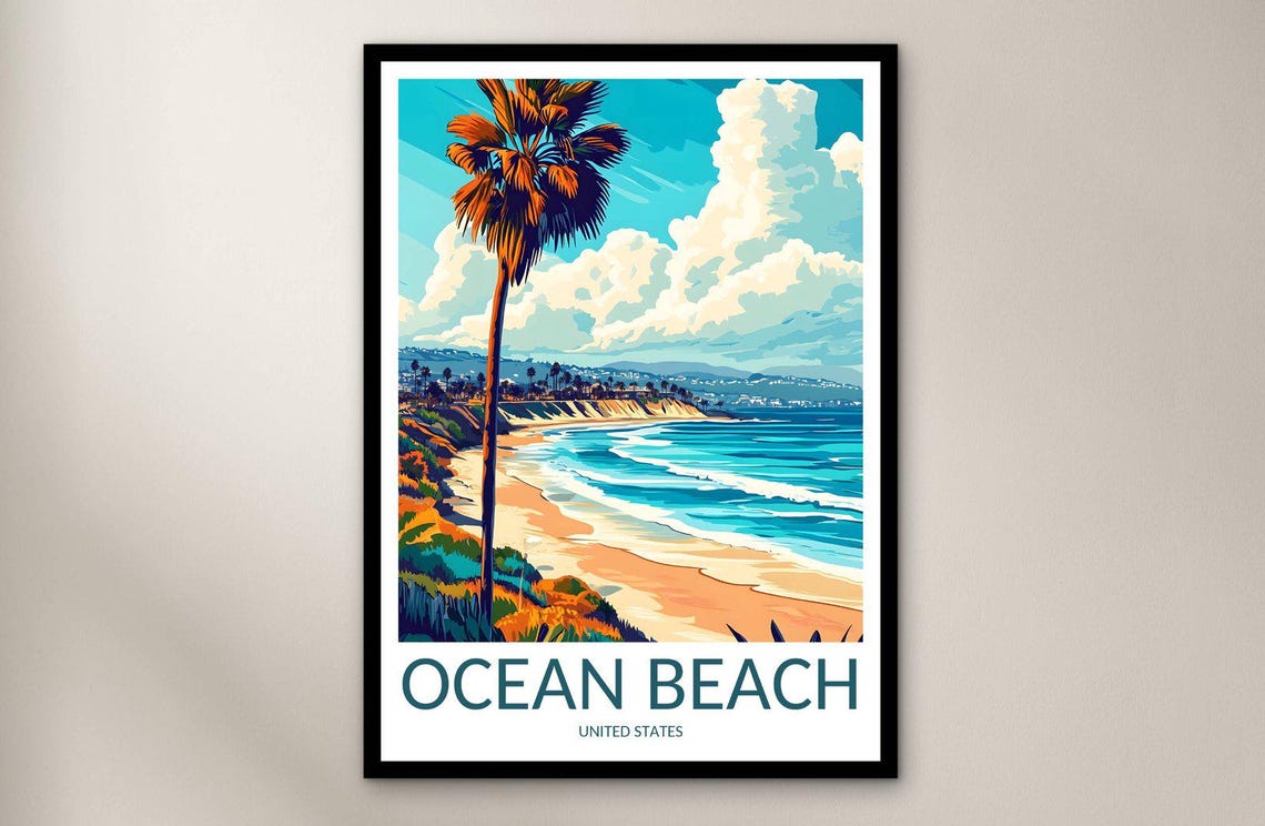 Ocean Beach California Palm Tree Cliffs Surf Coast Travel Poster