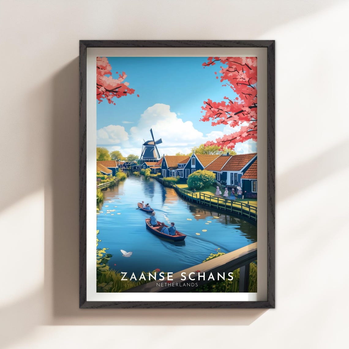 Zaanse Schans Netherlands Canal Windmill Spring Travel Poster
