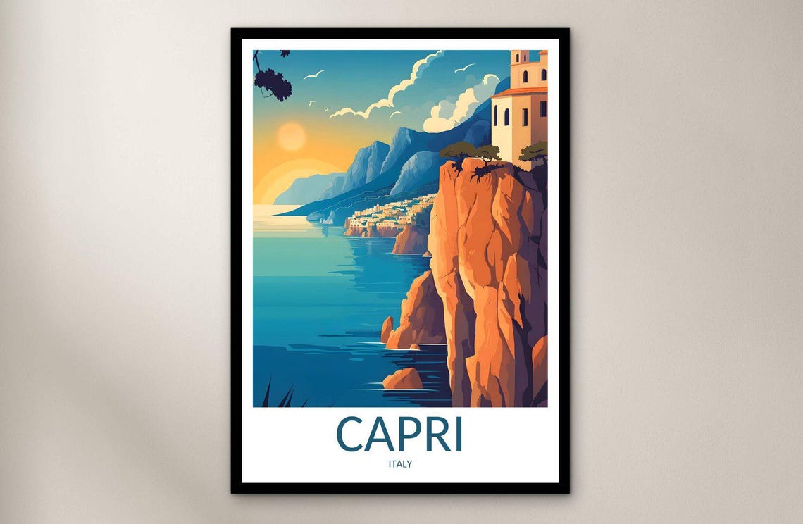 Capri Italy Island Sunset Cliffs Vintage Style Travel Poster
