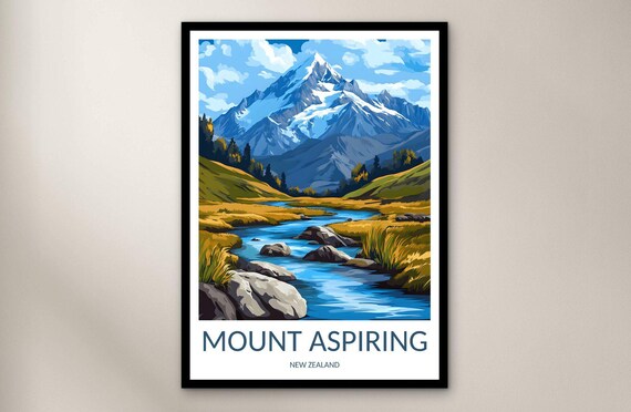 Mount Aspiring New Zealand Snow Peak River Valley Vintage Travel Poster
