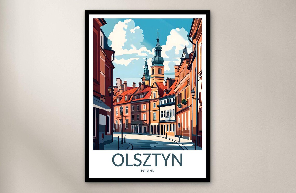 Olsztyn Old Town Street Twin Church Towers Vintage Travel Poster