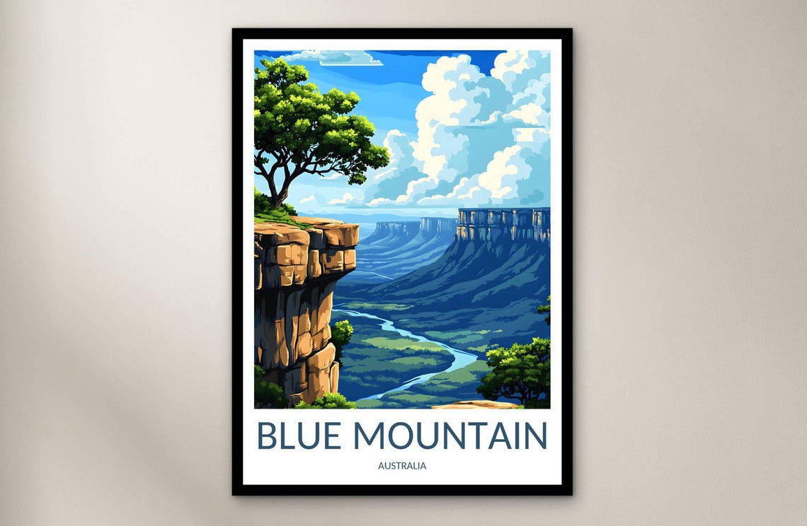 Vintage Blue Mountain Australia Cliff Valley Lookout Travel Poster