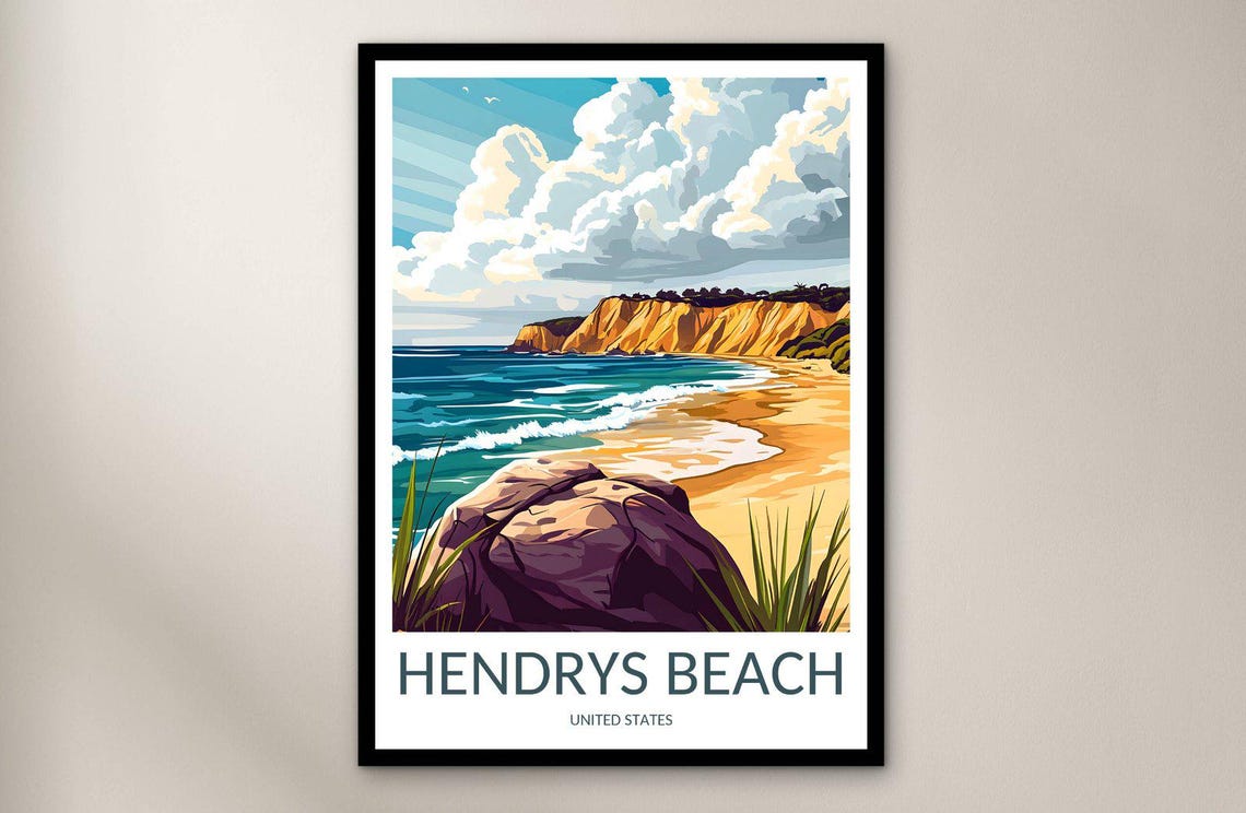 Hendrys Beach California Cliff Cove Sandy Shore Scenic Travel Poster
