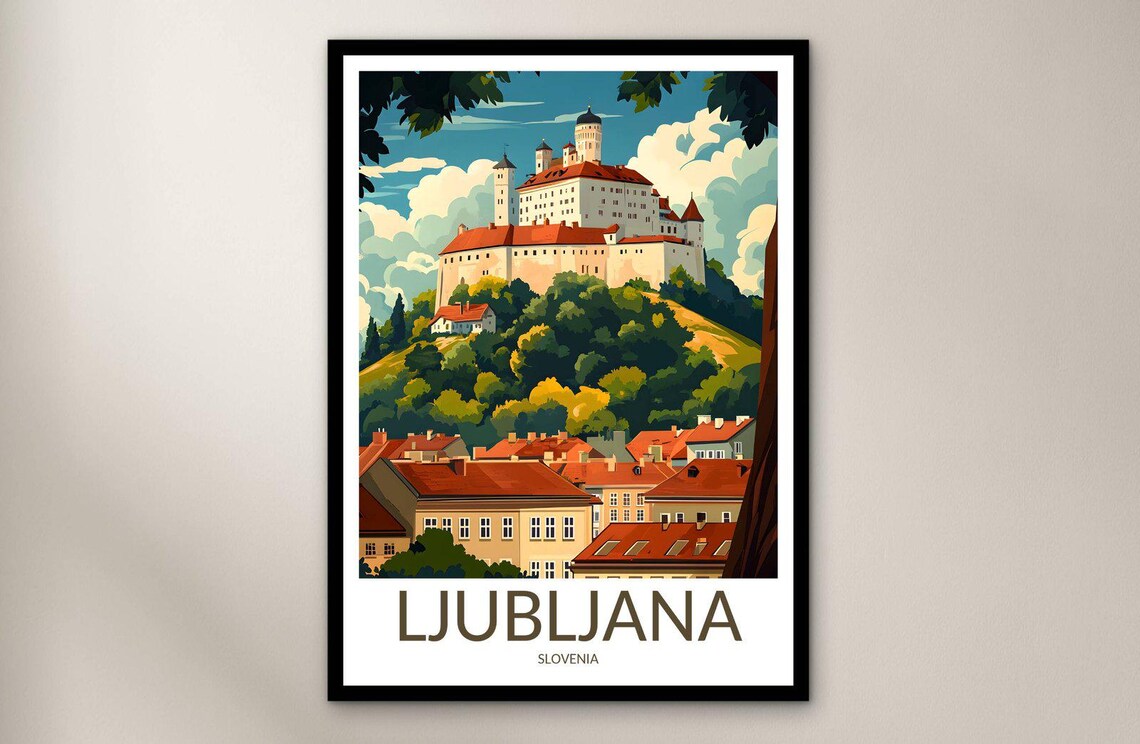 Ljubljana Castle Hill Old Town Rooftops Vintage Travel Poster