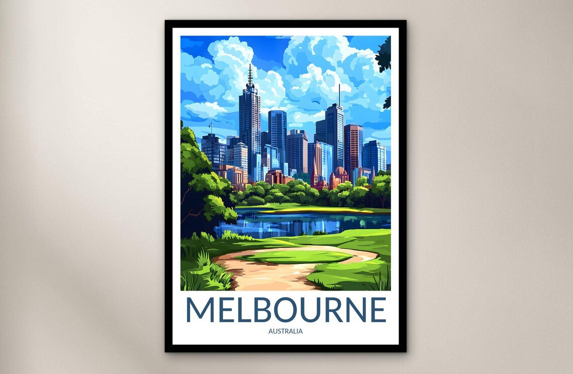 Melbourne Australia City Skyline Park Lake Vintage Style Poster