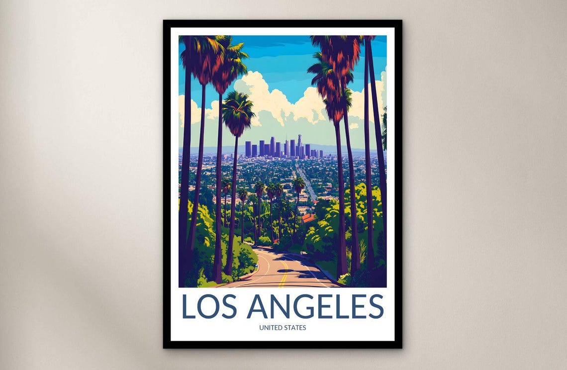 Los Angeles California Downtown Skyline Palm Lined Road City Poster
