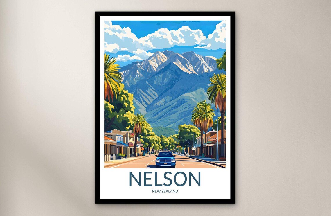 Nelson New Zealand Palm Street Mountain Vintage Travel Poster