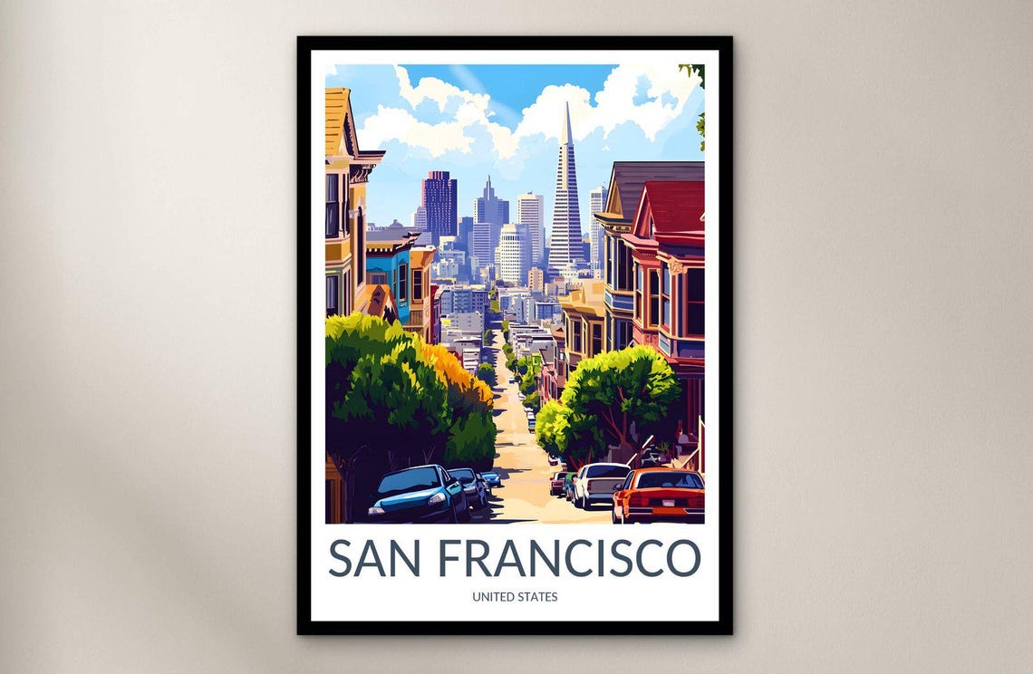 San Francisco California Hilly Street Skyline Summer Travel Poster